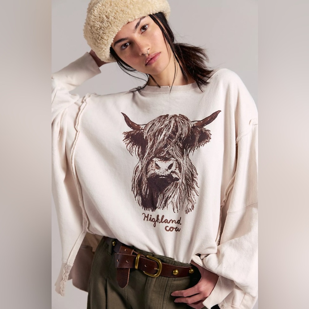 FREE PEOPLE Camden Sweater in Highland Cow XS - Picture 3 of 6